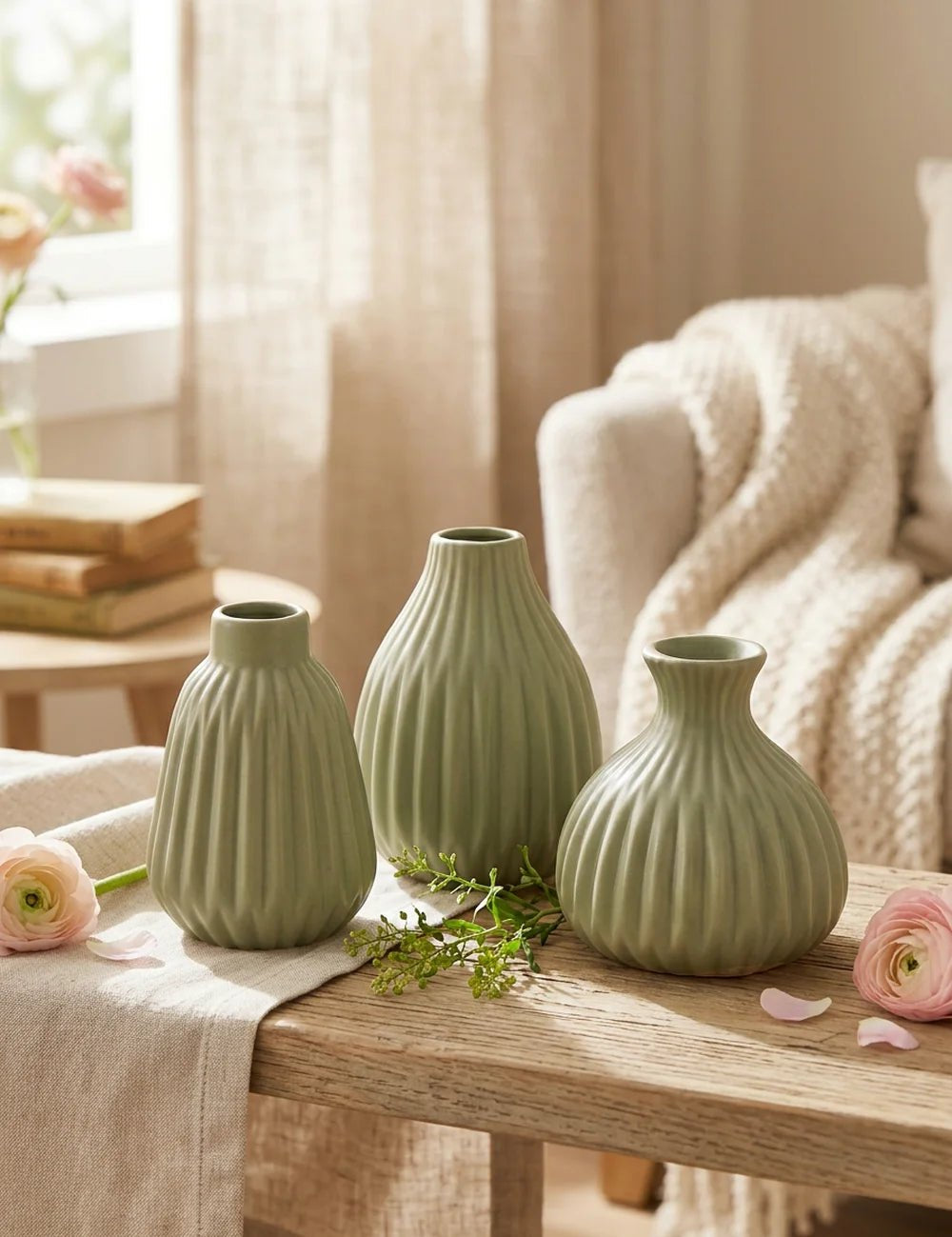 Vase Esko Hellgrün – dekoriert im Wohnambiente