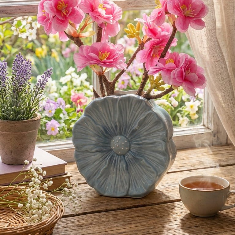Blütenförmige Keramikvase Melany hellblau mit Kirschblüten auf Fensterbank