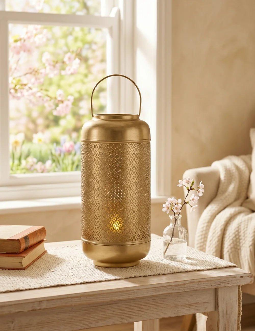 Windlicht Balance gold auf Holztisch neben Kirschblütenzweig und Büchern