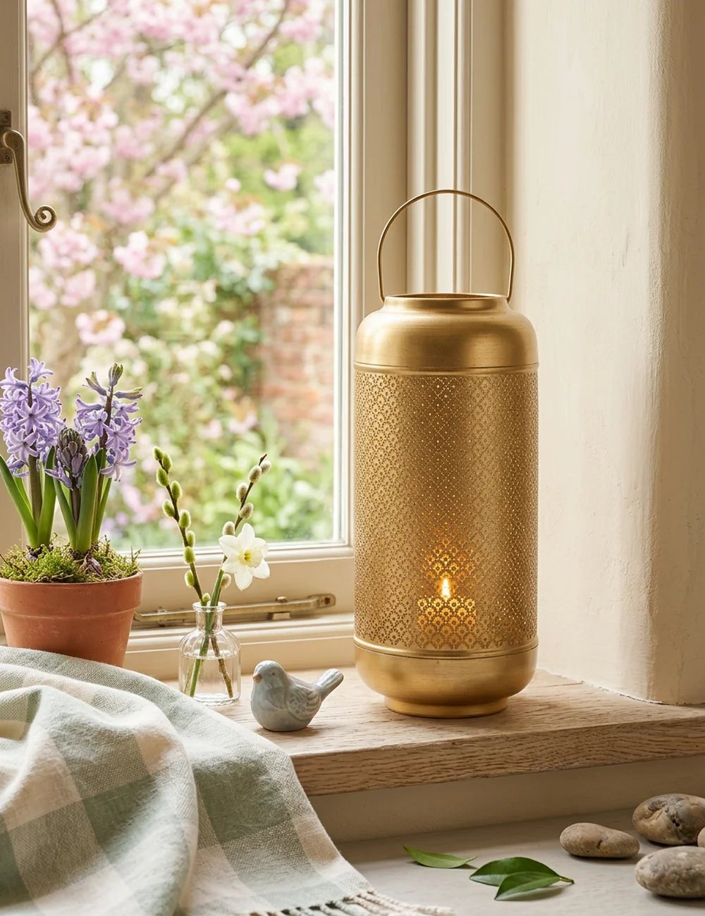 Goldene Laterne Balance auf Fensterbank neben Hyazinthen und Keramikvogel