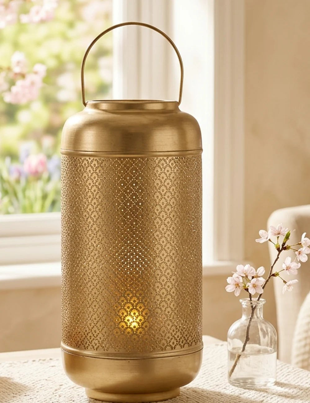 Goldenes Windlicht Balance mit warmem Kerzenlicht am sonnigen Fenster