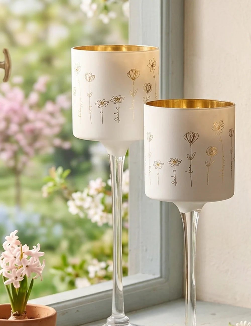 Windlicht Davina Glaskelche mit goldenen Blumenmotiven im Fensterlicht