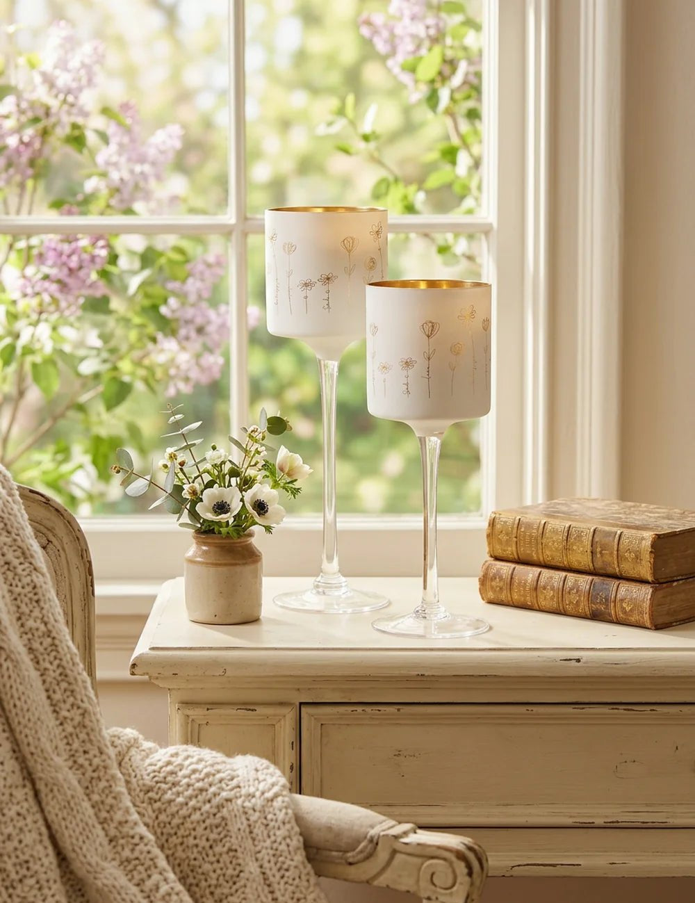 Windlicht Davina weiß-gold auf Vintage-Kommode neben Anemonen und Büchern