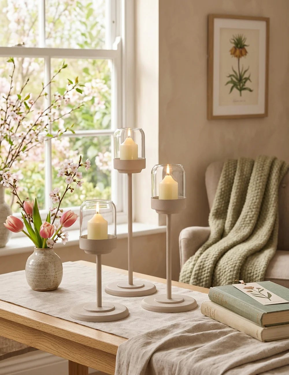 Windlicht Senza Beige – in Gruppenarrangement dekoriert